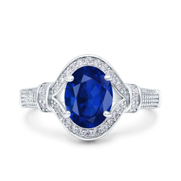 Oval Art Deco Wedding Ring Accent Vintage Simulated Blue Sapphire CZ 925 Sterling Silver